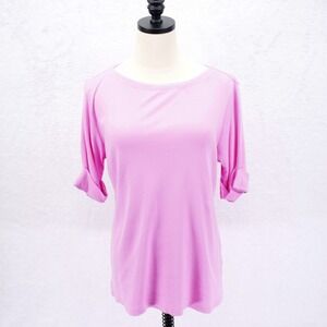 Karen Scott Pink Roll Tab Sleeve Round Neck‎ Top Cotton Medium